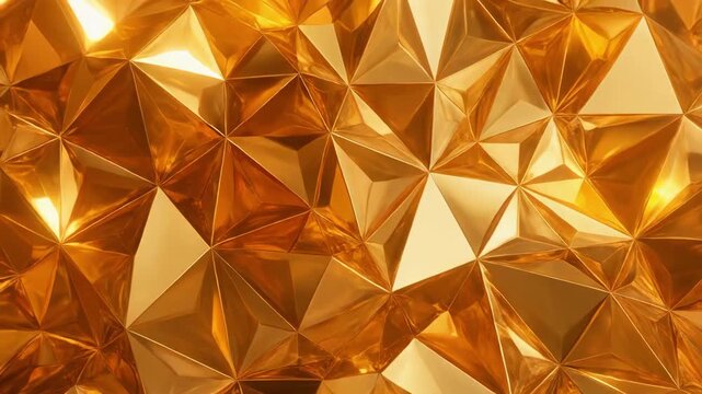 Close-up of a faceted golden crystal surface with geometric patterns