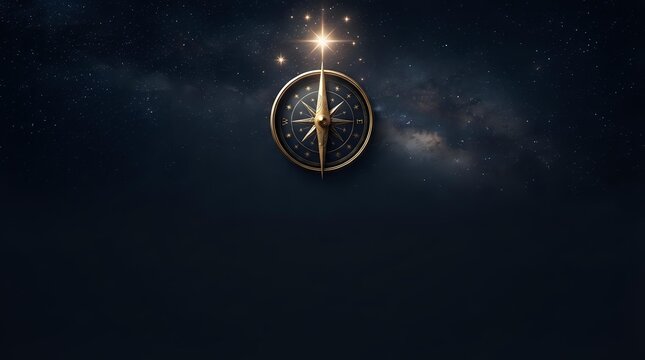 Golden compass with glowing star above against dark starry night sky. Suitable for navigation, spirituality, guidance, and adventure concepts.