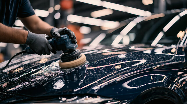 Polishing a car: Hands in gloves polish a dark car with a polishing machine, reflecting the lights in the workshop.