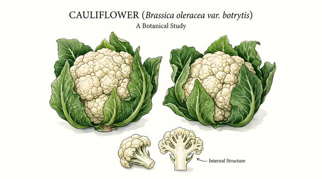 Botanical illustration of fresh cauliflower heads with leaves and a cross section showing the internal structure of the vegetable