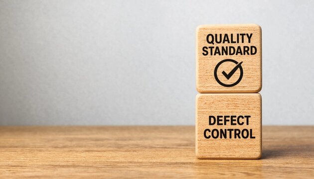 Wooden blocks displaying quality standard and defect control concepts on a light surface
