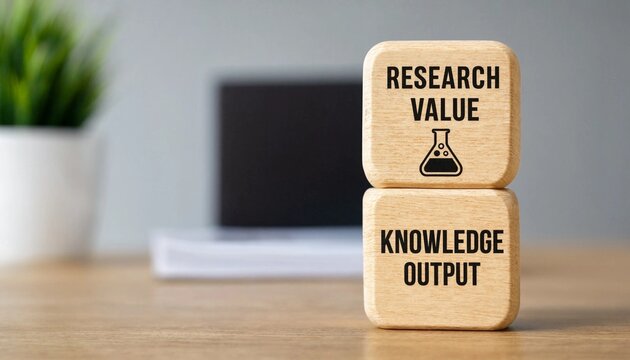 Wooden blocks displaying research value and knowledge output with laboratory flask icon on desk