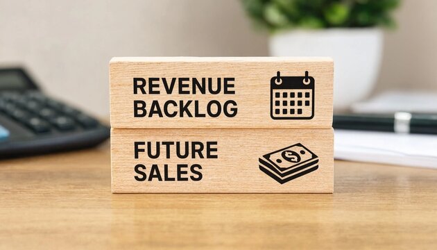 Wooden blocks displaying revenue backlog and future sales concepts on a workspace desk with office supplies