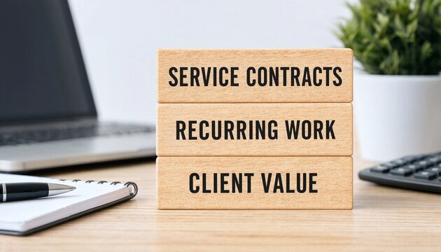 Wooden blocks displaying service contracts recurring work and client value on a modern office desk setup