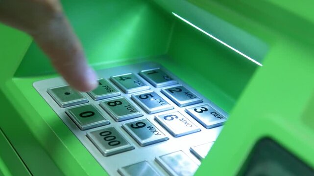 Close up of a backlit steel ATM keyboard and a male hand dialing a pin code for secure banking transaction in 4K Ultra HD footage
