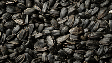 Obraz na płótnie Canvas Roasted sunflower seeds with shell fill the entire frame. Healthy vegan snack packed with protein and vitamins. Great choice for diet food background presentation.