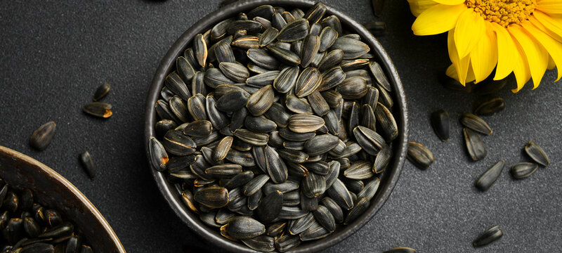 Black sunflower seeds with shells served in a ceramic bowl on dark stone background. Healthy organic snack rich in protein. Ideal image for food product.