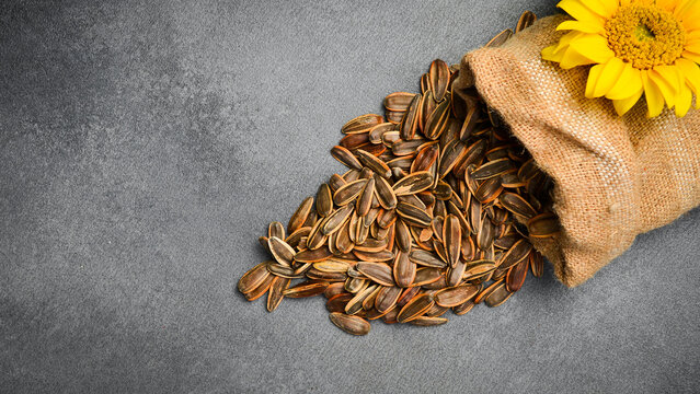 Black sunflower seeds in a burlap sack with yellow flower on grey background. Healthy organic snack rich in protein. Perfect choice for food product packaging.