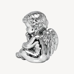 Fototapeta premium Silver cherub statue sitting with wings, thoughtful pose, side view.