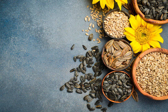 Various sunflower seeds with bright yellow blossoms lie on slate surface. Nutritious raw snack for healthy diet. Great background image for food store concept.