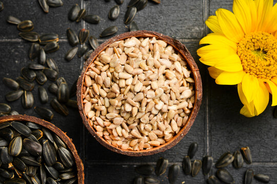 Peeled sunflower seeds fill a wooden bowl on dark slate background. Healthy organic snack rich in protein. Perfect image for agricultural product package presentation.