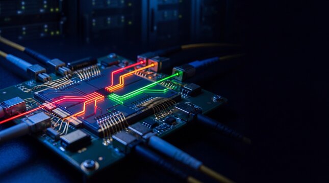 Silicon Photonics Chip with Glowing Optical Data Pathways