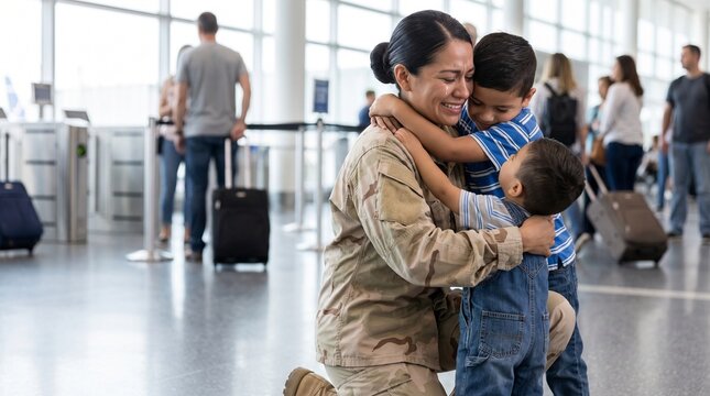 Emotional female soldier in camouflage military uniform joyfully embracing her two young sons inside a bright busy airport arrival terminal