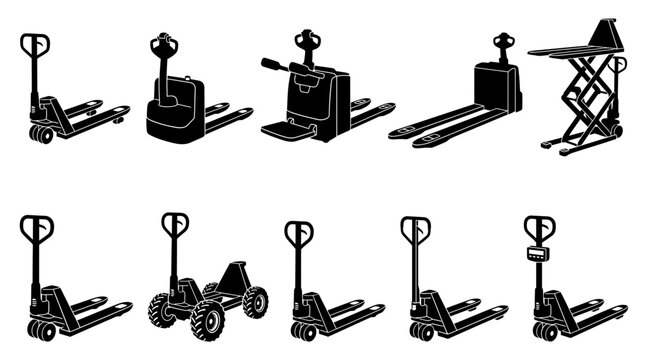Pallet Jack And Warehouse Lifting Equipment Vector Set Featuring Manual Hand Trucks Hydraulic Lift Tables And Industrial Logistics Transport Devices