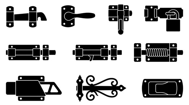 Door Latch And Bolt Hardware Icon Collection Set Including Slide Bolts Padlock Hasps Modern Handle Mechanisms And Decorative Vintage Gate Fasteners