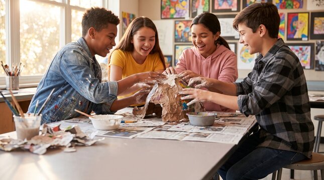 Diverse group of cheerful students working together on creative paper mache art project in a bright and modern school classroom