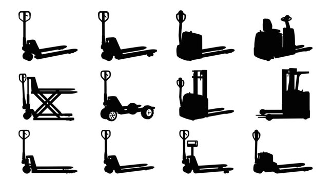 Pallet Jack Silhouette Collection Set of Twelve Warehouse Lifting Equipment Icons Featuring Manual Hand Trucks and Electric Industrial Forklift Machines