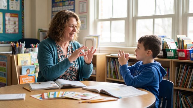 Friendly teacher using sign language to communicate with a young male student in a bright colorful elementary school classroom setting
