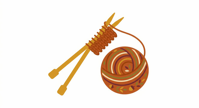 Knitting in progress with yarn ball and needles vector illustration for handmade craft design
