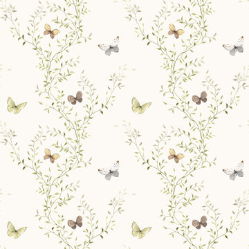 Watercolor seamless pattern with delicate intertwining branches growing upwards and flying colorful butterflies. Hand drawn print for wallpaper, home textile or fabric.