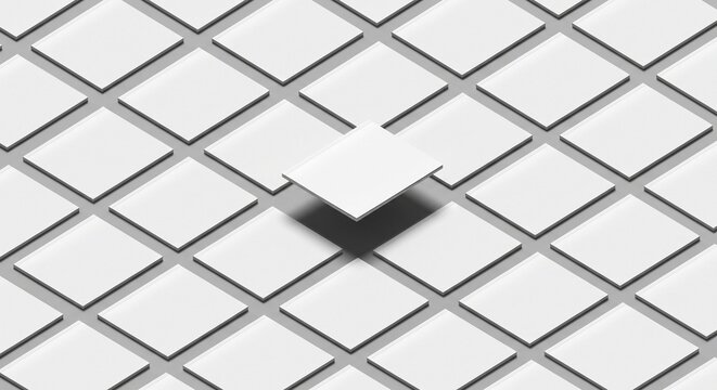 Isometric grid layout of blank white magazine covers with one central magazine floating on a smooth surface with soft shadows.