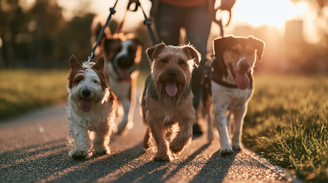 Dog Walker's Delight: A friendly dog walker leads a joyful pack of four diverse dogs on leashes down a sun-drenched path, embodying the simple pleasures of companionship and outdoor activity.