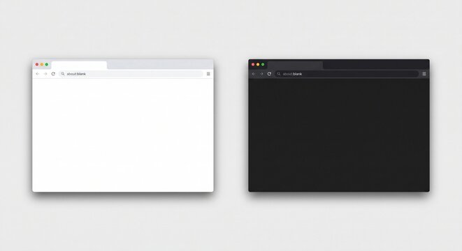 Minimalist side by side light and dark mode web browser mockups with blank content canvases on a light grey background.