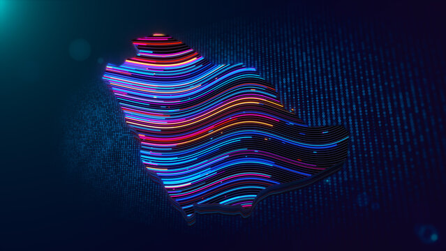 Abstract futuristic Saudi Arabia map featuring colorful glowing wavy extruded lines over a blue particle grid background with depth of field, bokeh, and digital technology style.