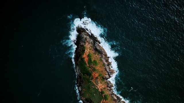 Dynamic drone video captures the rocky Hel Peninsula tip surrounded by powerful Baltic waves, lush green patches, and dramatic coastline under vibrant daylight. Stunning aerial footage.