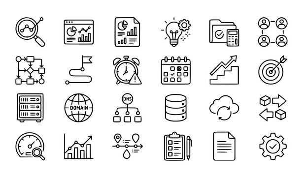 Business Analytics Technology and Server Management Thin Line Icons