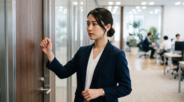 モダンな企業のオフィスにある扉の前に立ち、丁寧に、静かにノックをしようとしている20代日本人女性社員の真剣な表情を捉えたクローズアップポートレート