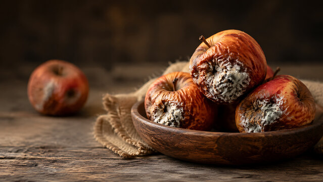Rotten apple with visible decay and mold texture on rustic wooden surface representing food waste and natural decomposition
