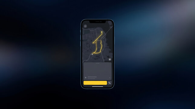 Mobile phone with navigation map application showing route progress against dark backdrop.