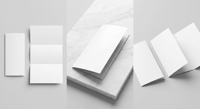 Multi-panel triptych mockup featuring blank white tri-fold brochures from different angles on marble and light gray surfaces.