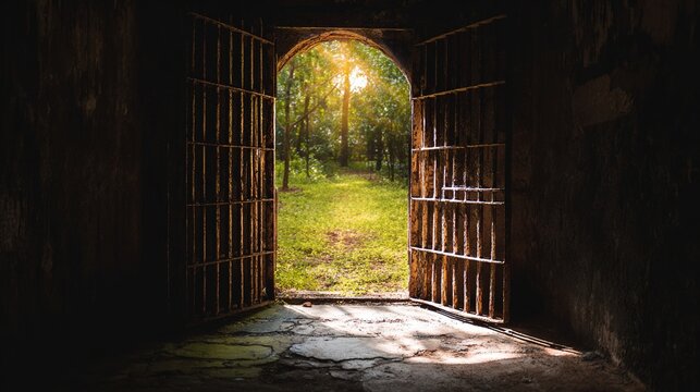 reform. Rusted prison door open, revealing a sunlit path to freedom beyond. wellbeing guides, coaching materials, designed for mental health education and mindfulness programs.