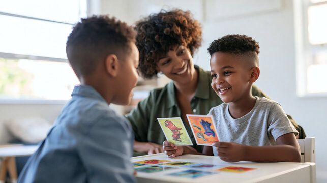 Joyful Learning Moment: A mother engages her two young sons in a playful educational activity, using flashcards to foster learning and bonding, capturing a heartwarming scene of family connection.
