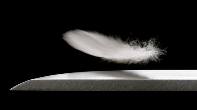 directional. A single feather drifting past a polished metal blade in close-up view. wellbeing guides, coaching materials, designed for coaching and self-improvement content, supports wellbeing.
