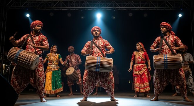 Baul Musicians Performing Traditional Music on Stage with Drums and Colorful Costumes
