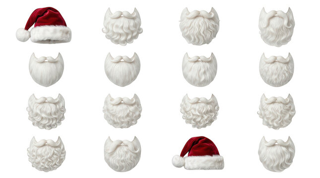 Collection of santa claus beards and red hats for christmas design isolated on transparent background