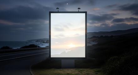 Fototapeta premium Billboard at Dusk: Coastal Road, Ocean View, and Crescent Moon Above