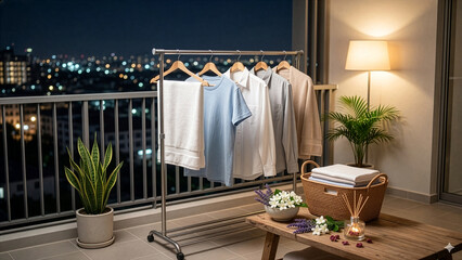 Fototapeta premium Clean clothes hang on a drying rack at a modern apartment balcony at night with a cozy warm lamp light and scenic city view.