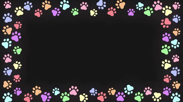 whimsical cute frame in pastel colourful paw motion graphic with dynamic appearance and disappearance loop. Hand drawn colourful paw frame animation with black background