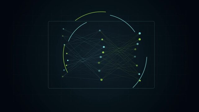 Abstract Neural Network Visualization Representing Deep Learning Architecture with Interconnected Nodes and Circular Data Flow Patterns