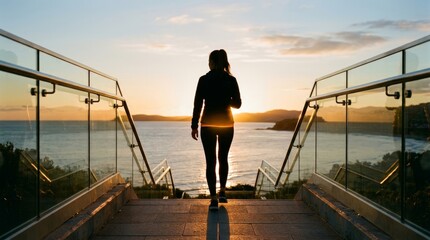 Fototapeta premium Silhouette of a woman walking along a beachside walkway with sunrise glow.