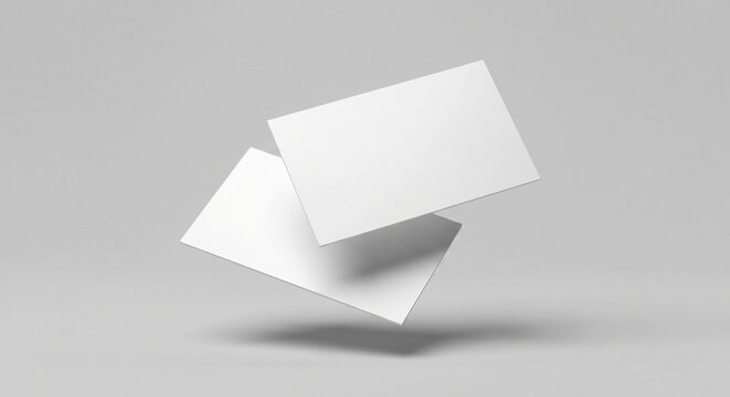 Two blank white business cards float suspended in mid-air with soft shadows against a solid light gray background.