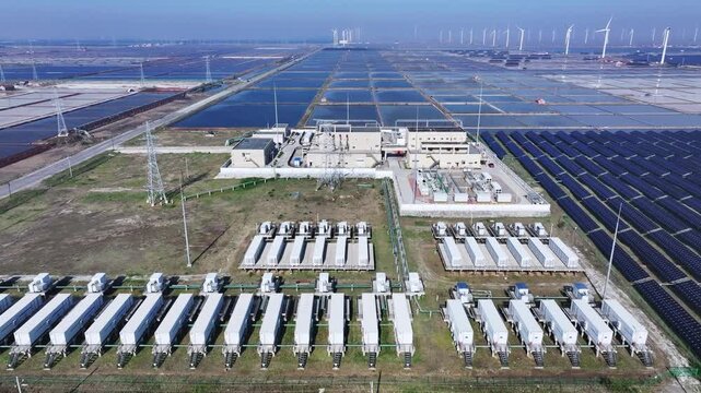 Aerial view of an integrated energy base featuring wind power photovoltaic and energy storage systems