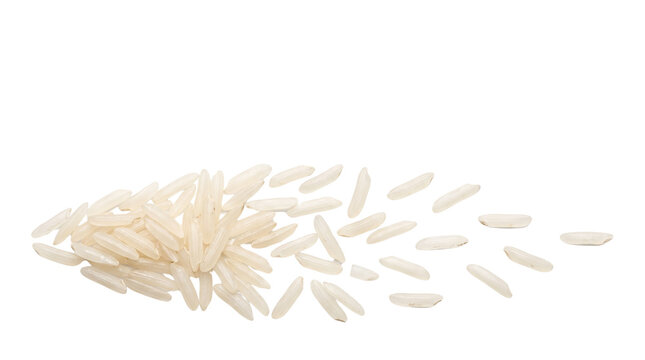 Uncooked jasmine rice grains, scattered white long grain basmati rice, dry organic cereal seeds for culinary cooking and food packaging isolated PNG with Transparent Background