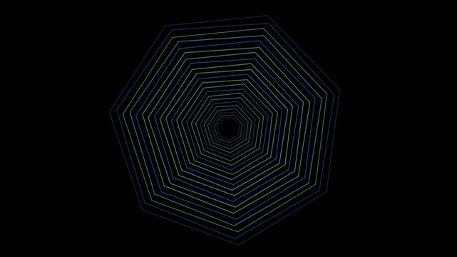 Digital abstract tunnel of neon glowing geometric polygons in blue and green on a dark background
