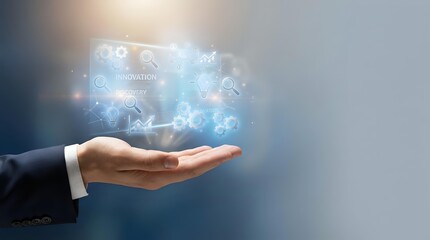 Obraz premium Businessman hand holding glowing digital cube with network connections and innovation icons for technology, business solutions, and digital transformation concepts.