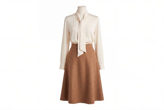 Silk blouse and brown suede skirt on dressmaker mannequin isolated